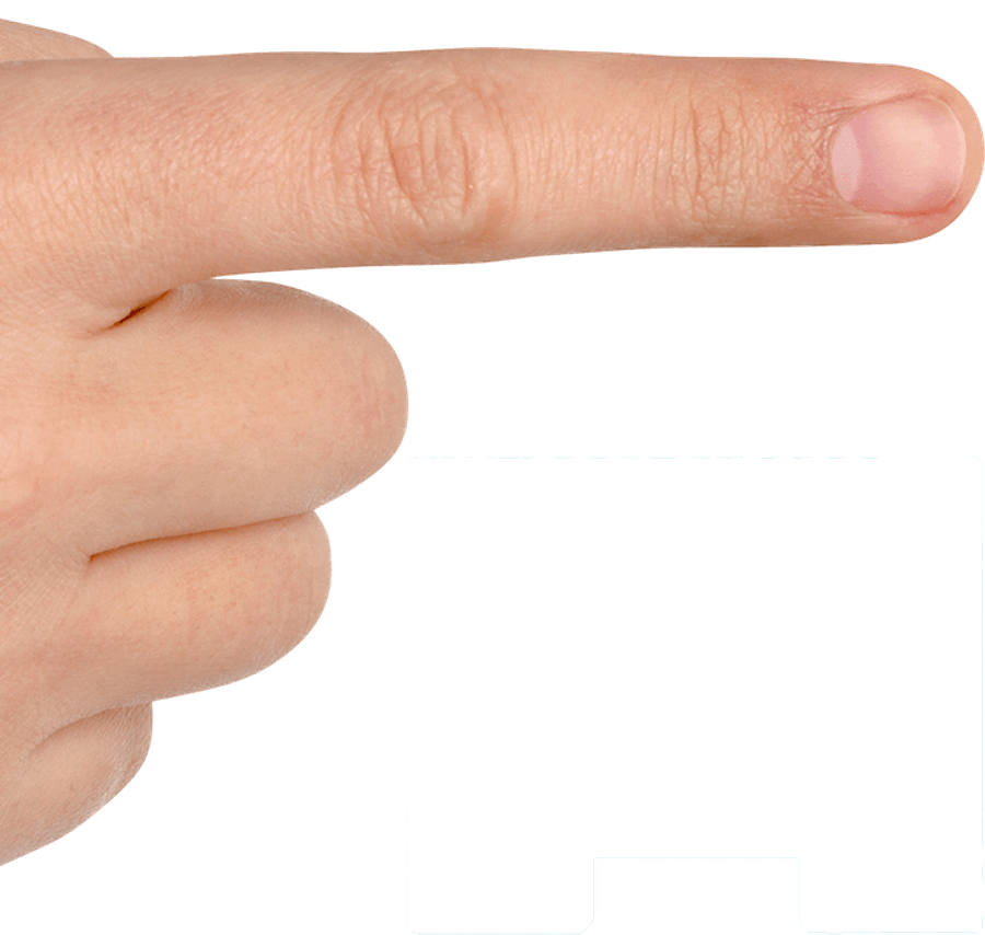 An index finger shown for scale next to the Mini TV, about the length from fingertip to knuckle